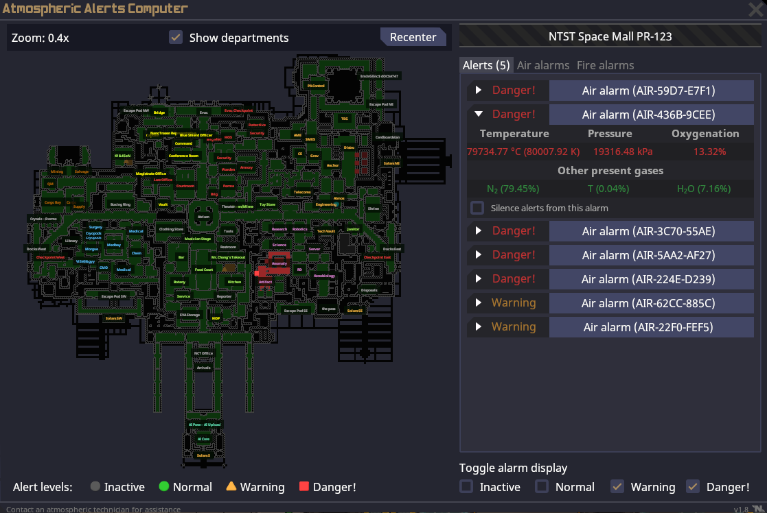 An example of what an emergency would look like on the atmospheric alerts computer. A simulated tritium fire in science has been used as the example for semi-realism(realistically, science would of exploded instead)