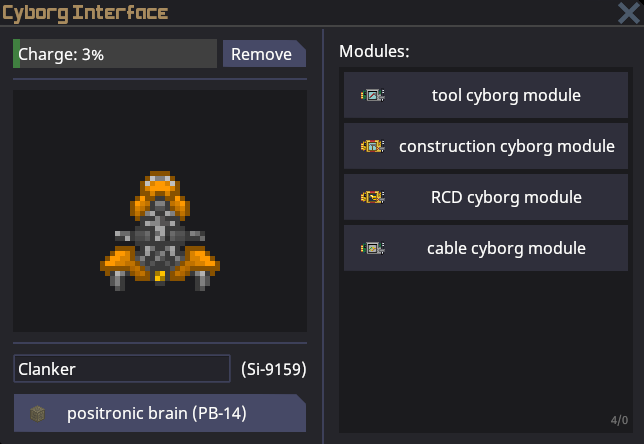 A Borg's maintenance panel UI. Note the Battery charge bar, list of installed modules, brain, and name.