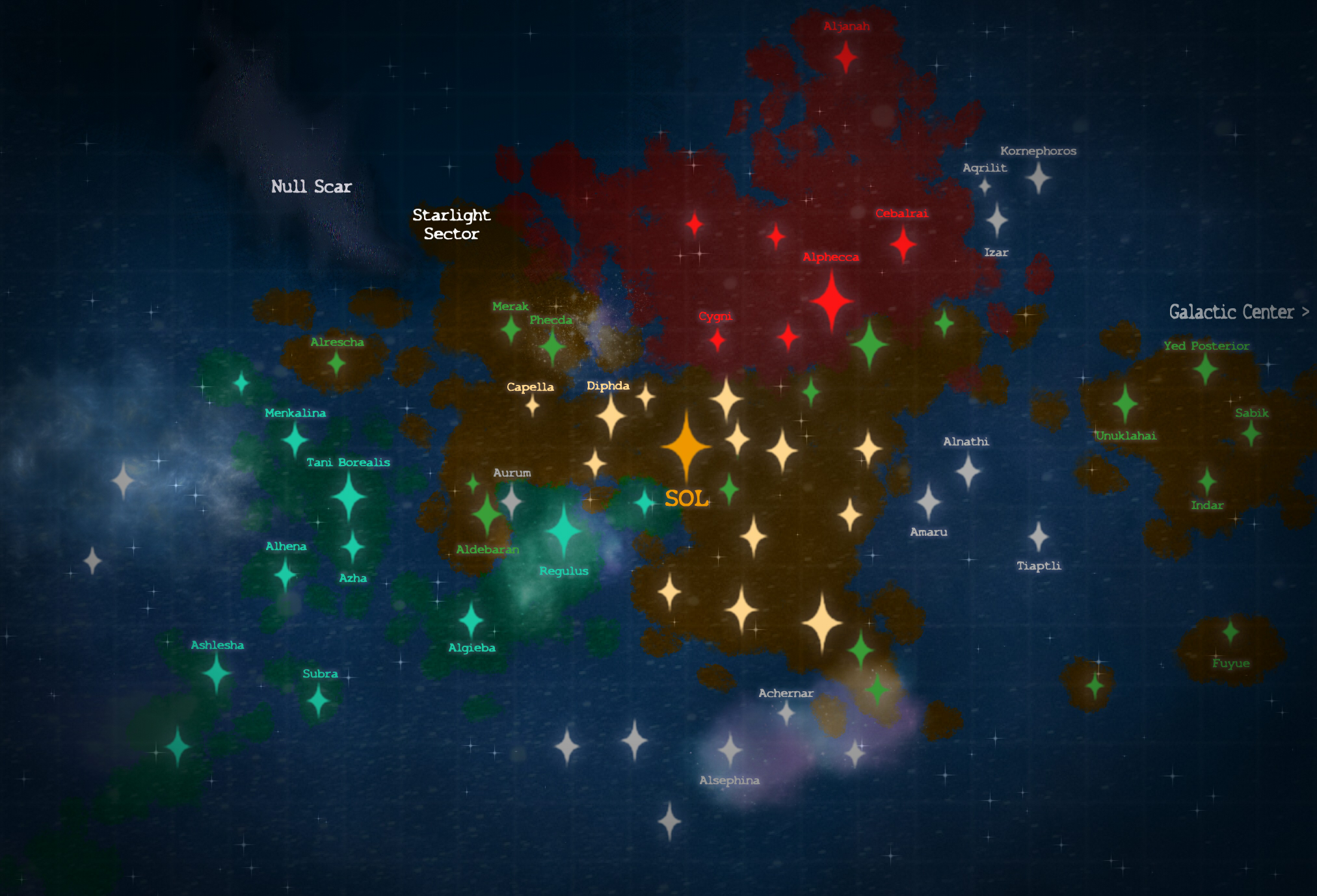 A map of the main region of the known galaxy, centered on Sol.
